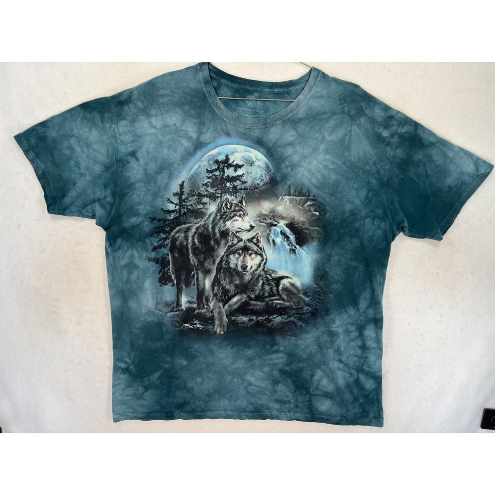 The Mountain Wolf Moon Waterfall Tie Dye T-Shirt XL Blue Teal Cotton Graphic Tee